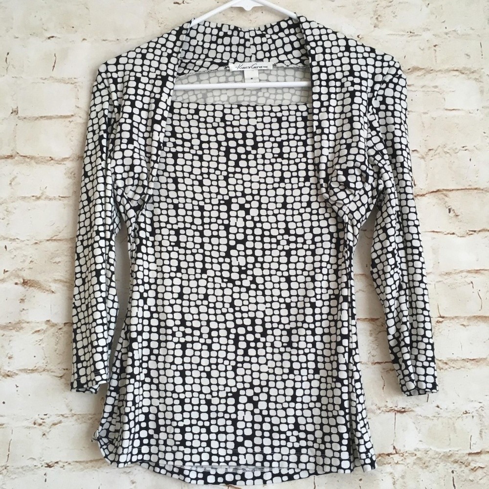 Kenneth Cole Women's Size Medium Black White 3/4 Sleeve Career Blouse Top